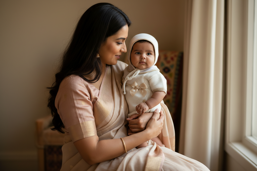 Knitted Newborn Three-Pieces Set with Beige Bows and beige with blush bows