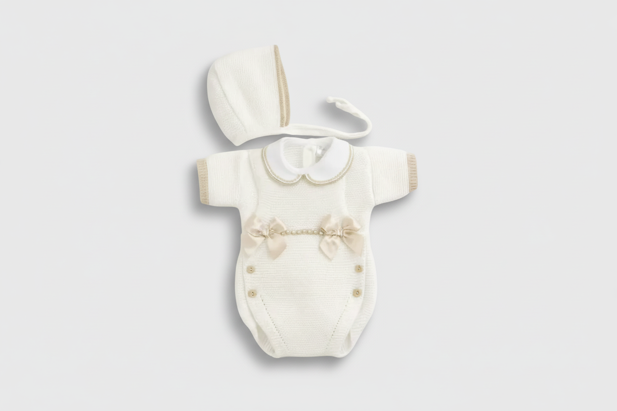Knitted Newborn Three-Pieces Set with Beige Bows and beige with blush bows