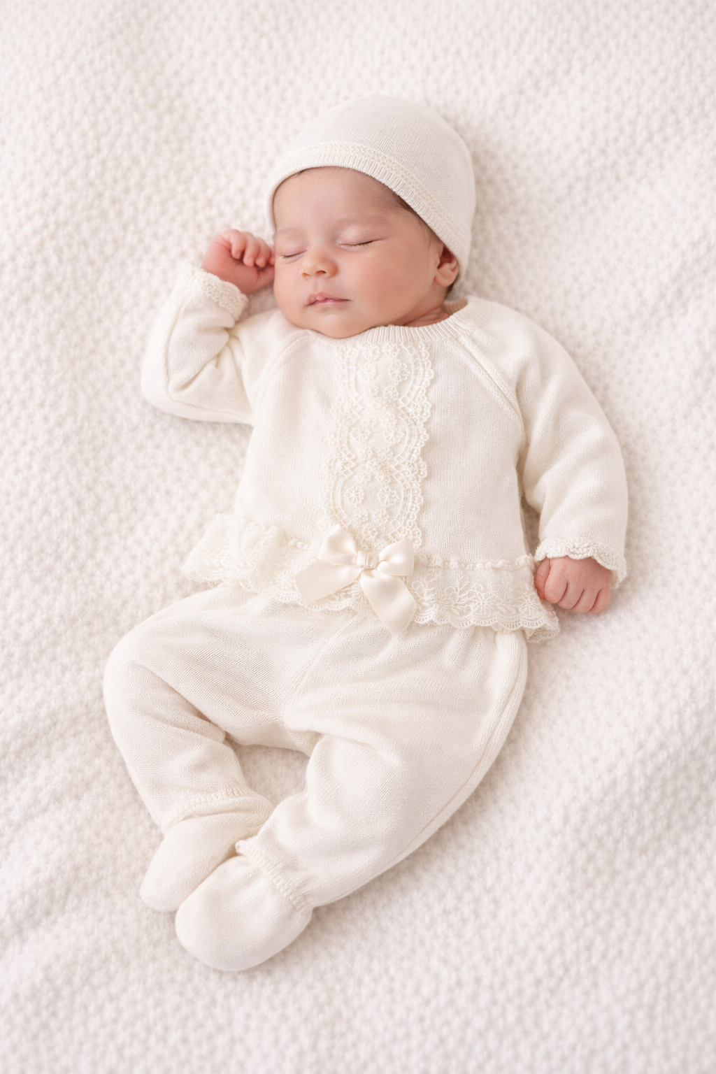 Knitted White Lace Bow Set – 3-Piece Newborn Cotton Ensemble