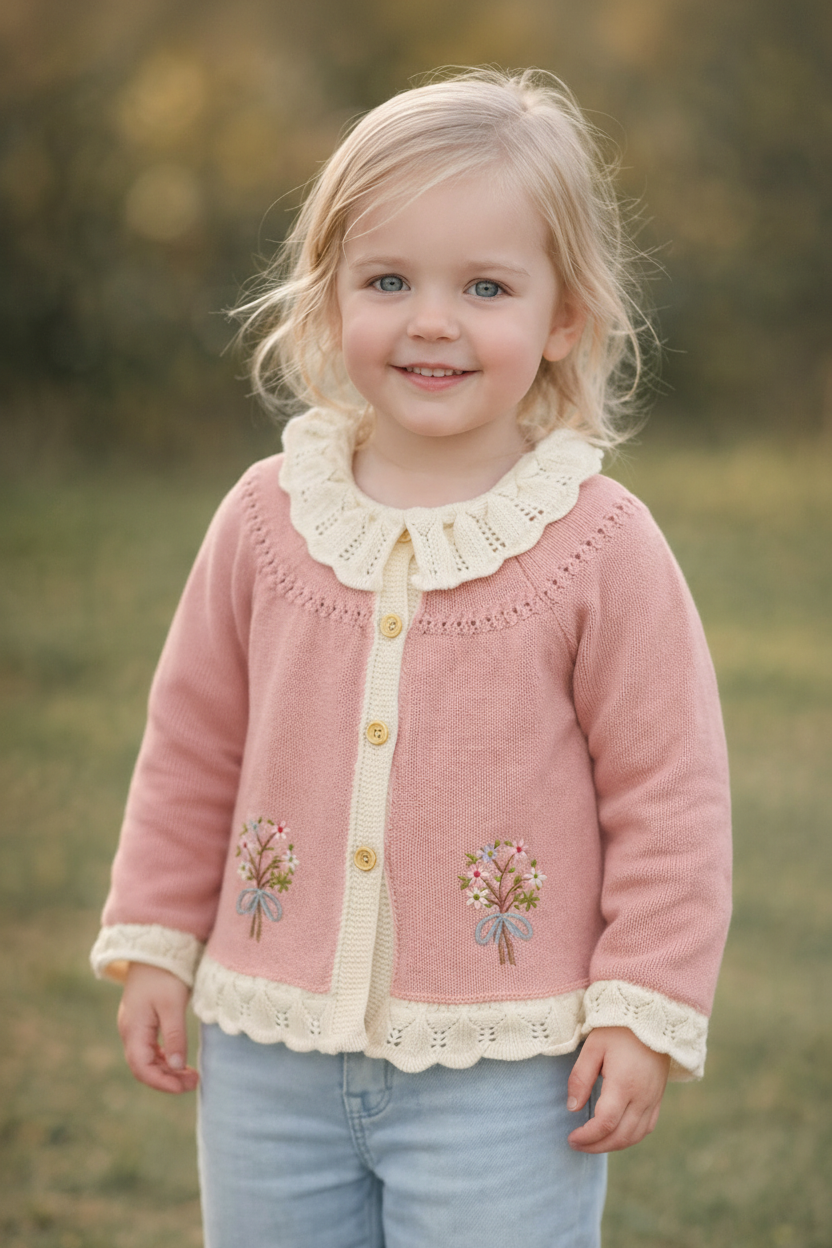 Baby Girl Embroidered Long Sleeve Cardigan – Pink