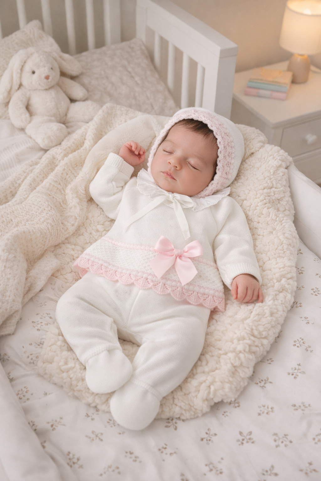 Knitted Blush Bow Newborn Set – 3 Piece Cotton Ensemble