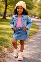 Gorro de punto a rayas Cozy para niños – Rojo y lavanda suave