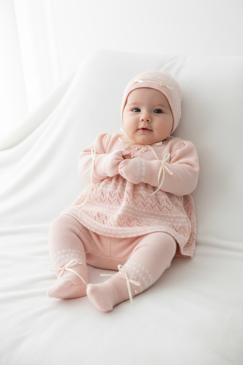Newborn Baby Girl Blush Set with Bonet and mittens