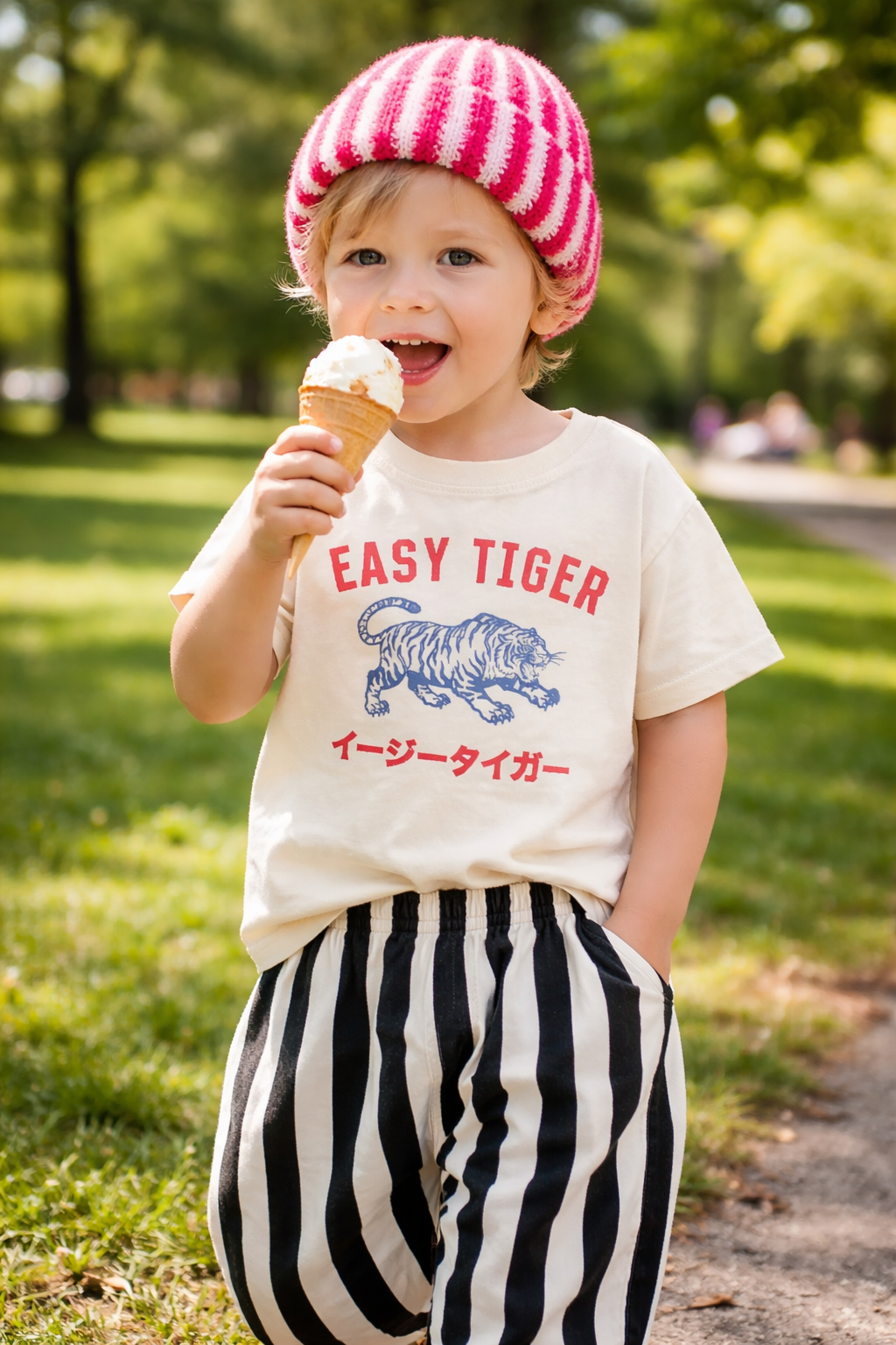 Kids Cozy Stripes Blend Beanie – Red & Soft Lavender