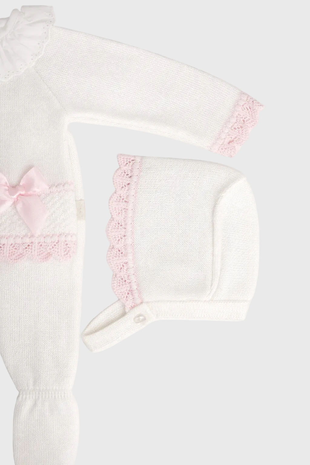 Knitted Blush Bow Newborn Set – 3 Piece Cotton Ensemble