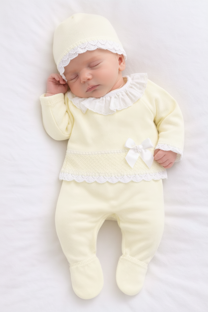 Soleil Newborn Set – 3-Piece Cotton Knit ( butter yellow)