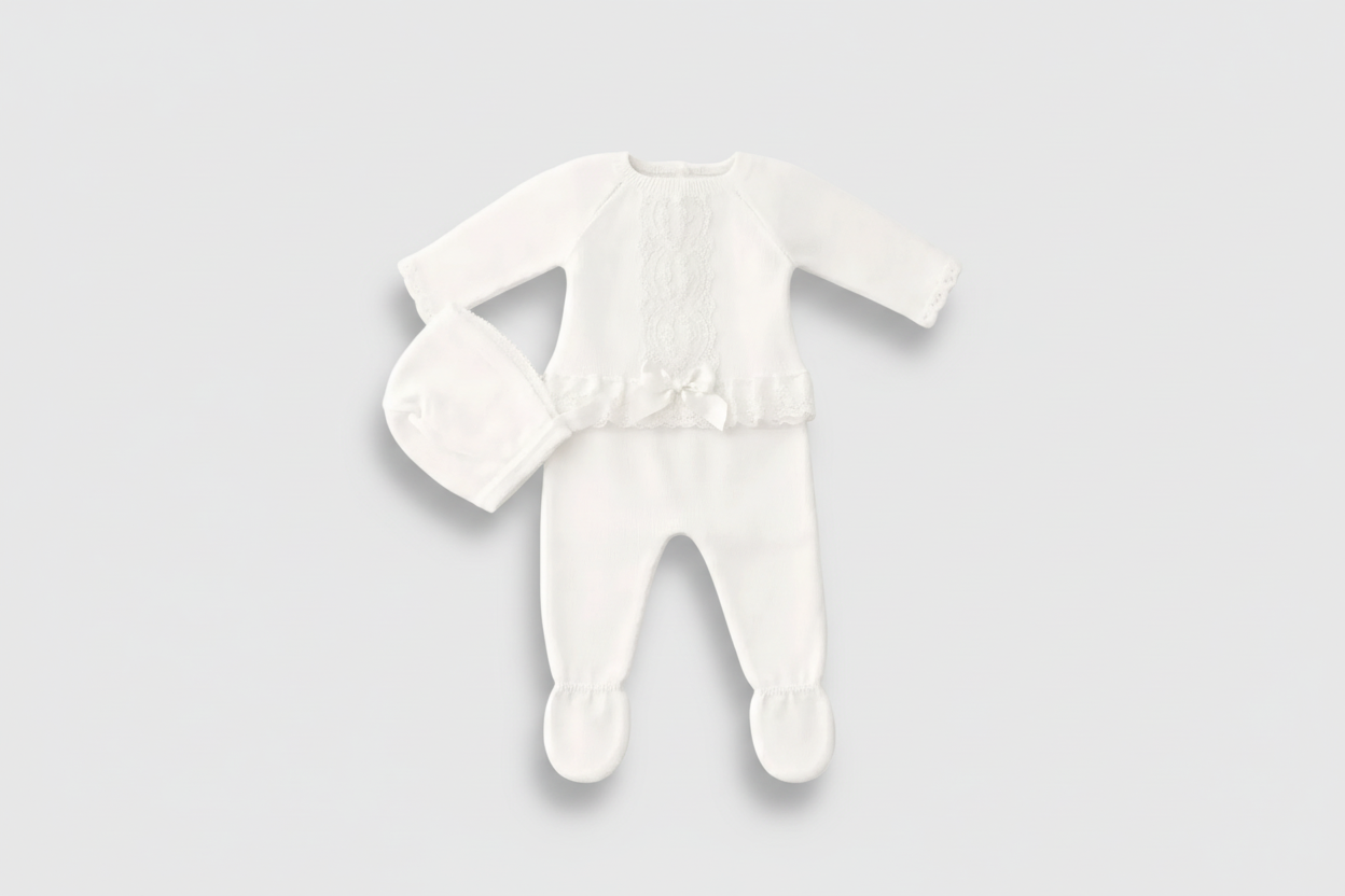 Knitted White Lace Bow Set – 3-Piece Newborn Cotton Ensemble