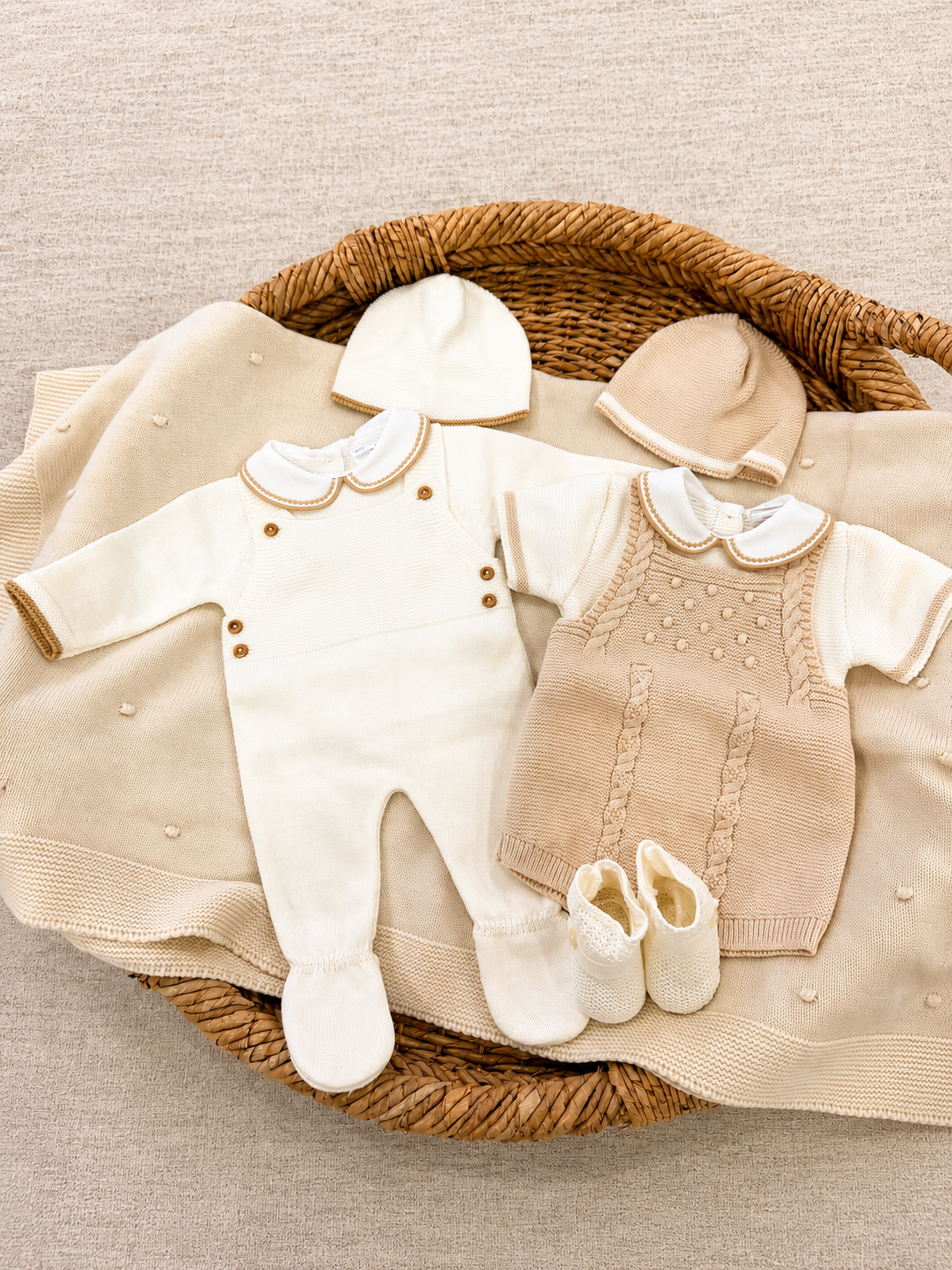 Oatmeal Heirloom Keepsake Newborn Gift Set – Two Knit Sets + Blanket