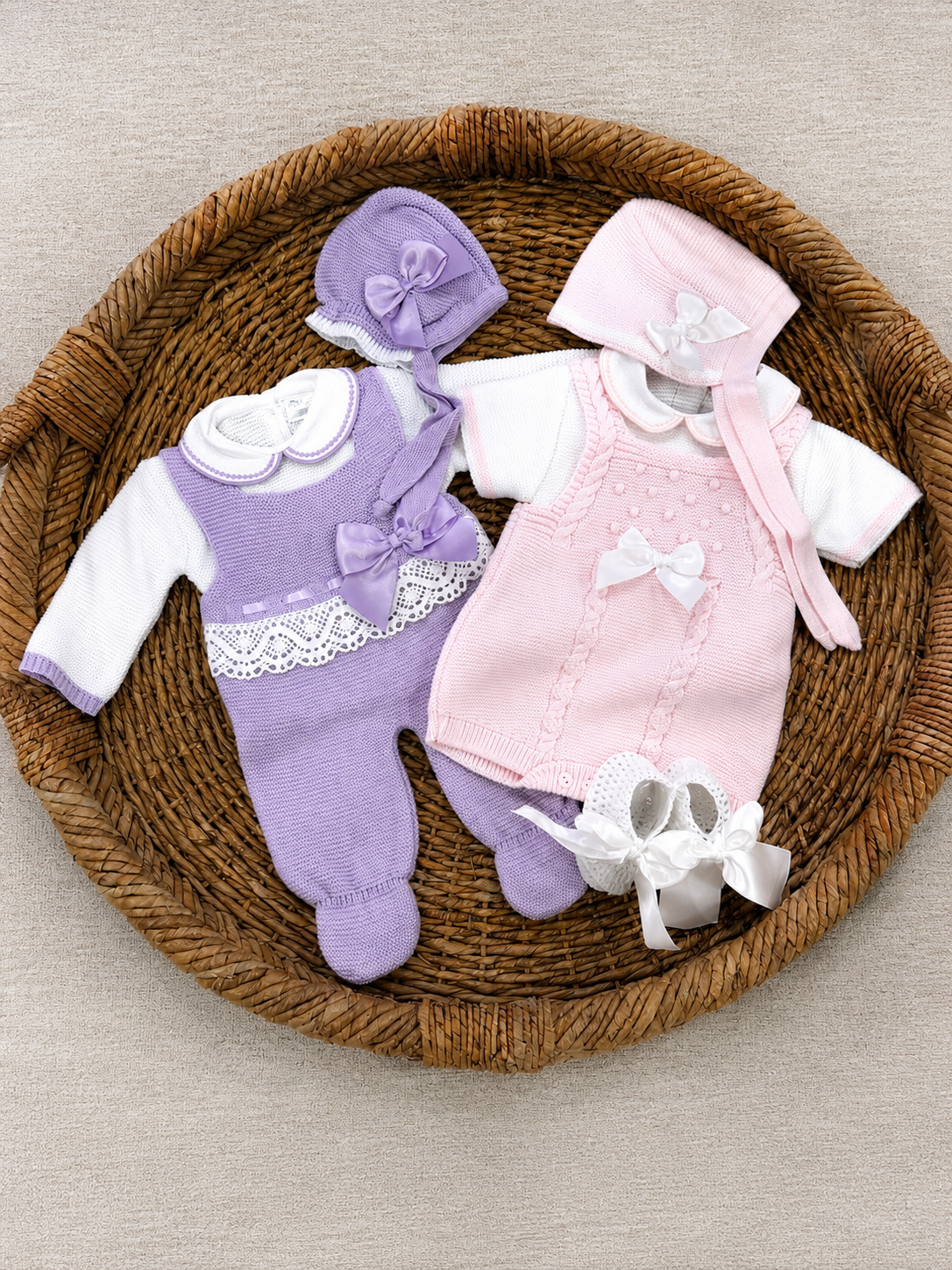 Lavender & Rosie Newborn Gift Set – Two Heirloom Knit Sets
