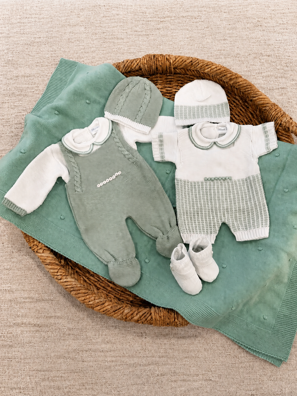 Sage Heritage Newborn Gift Set – Two Knit Sets + Blanket