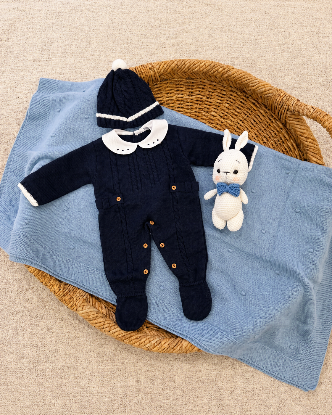 Navy Little Gentleman Newborn Gift Set – Knit Outfit + Blue Blanket + Bonnet