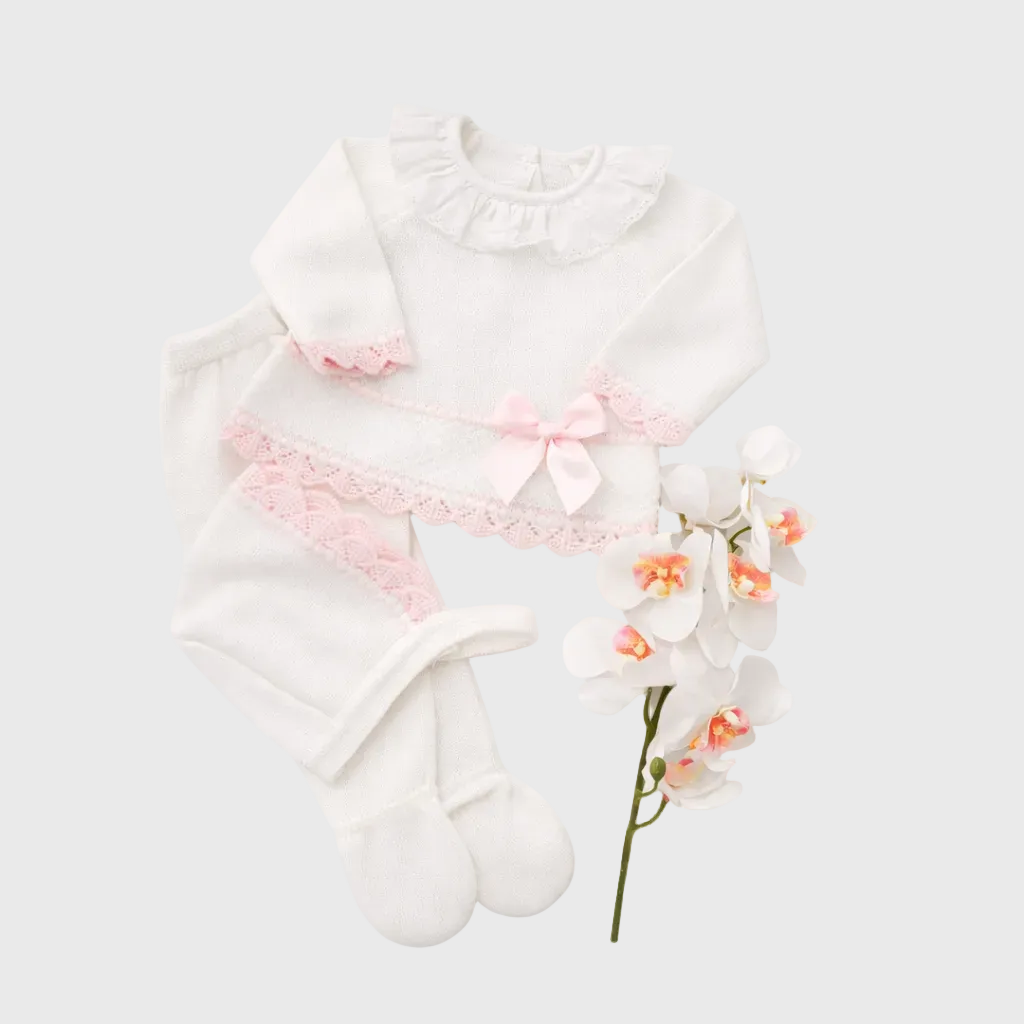 Knitted Blush Bow Newborn Set – 3 Piece Cotton Ensemble