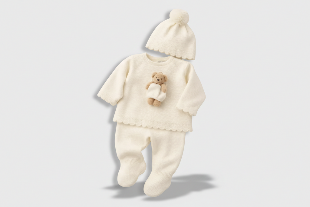 Knitted Teddy Pocket Newborn Set – 3 Piece Cotton Knit Ensemble