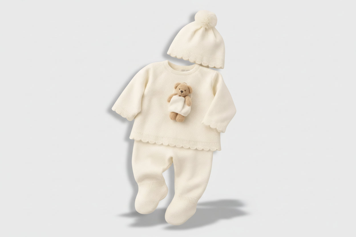 Knitted Teddy Pocket Newborn Set – 3 Piece Cotton Knit Ensemble