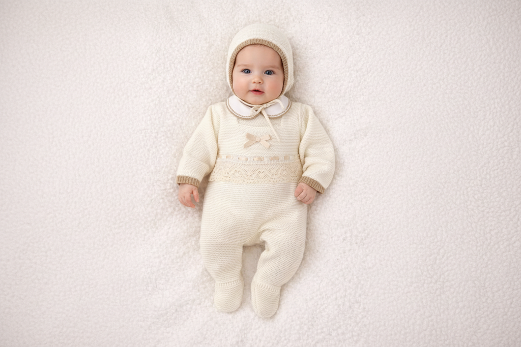 Ivory Knitted Three-Piece Baby Set with Beige Bow & Lace