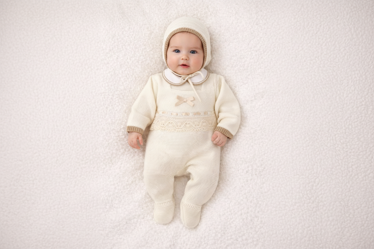 Ivory Knitted Three-Piece Baby Set with Beige Bow & Lace