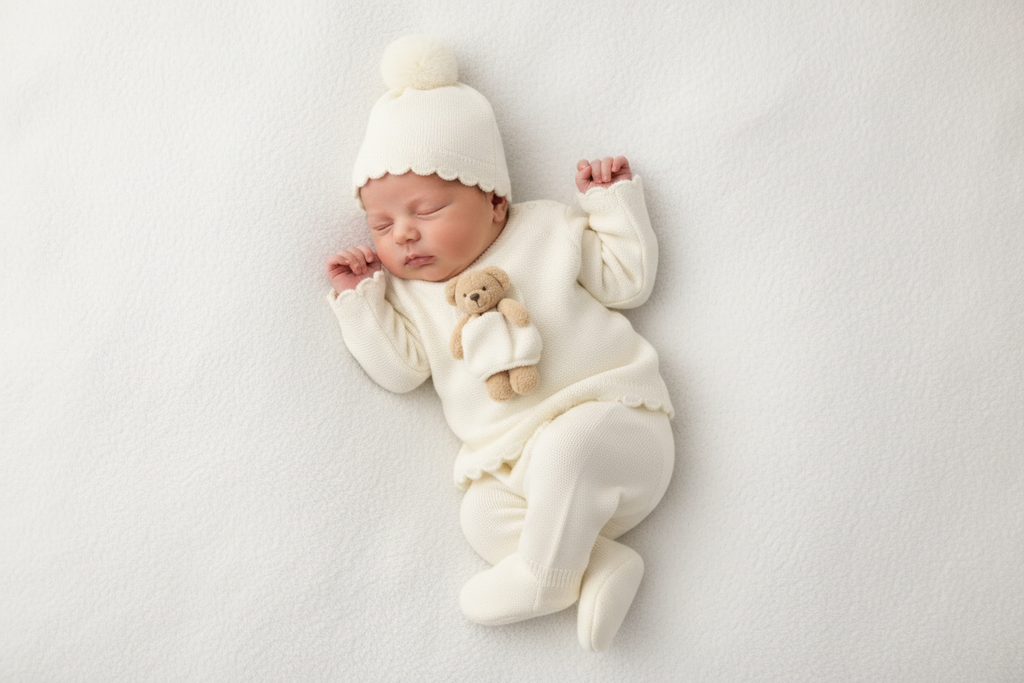 Knitted Teddy Pocket Newborn Set – 3 Piece Cotton Knit Ensemble