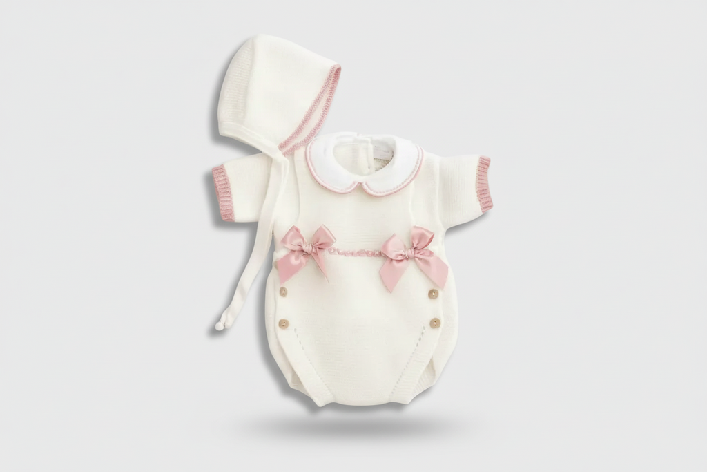 Knitted Newborn Three-Pieces Set with Beige Bows and beige with blush bows