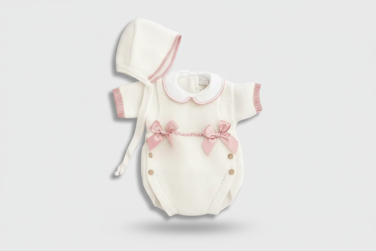 Knitted Newborn Three-Pieces Set with Beige Bows and beige with blush bows