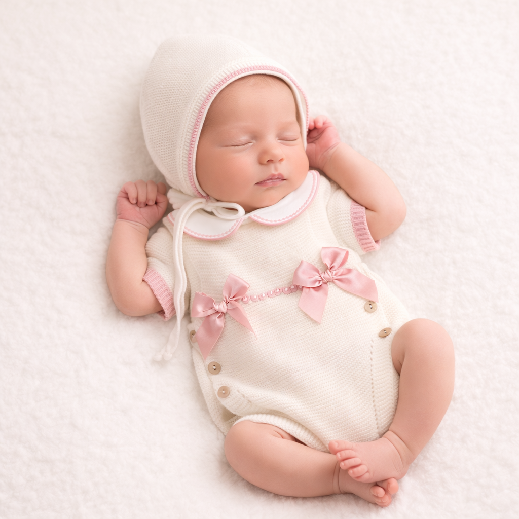 Knitted Newborn Three-Pieces Set with Beige Bows and beige with blush bows