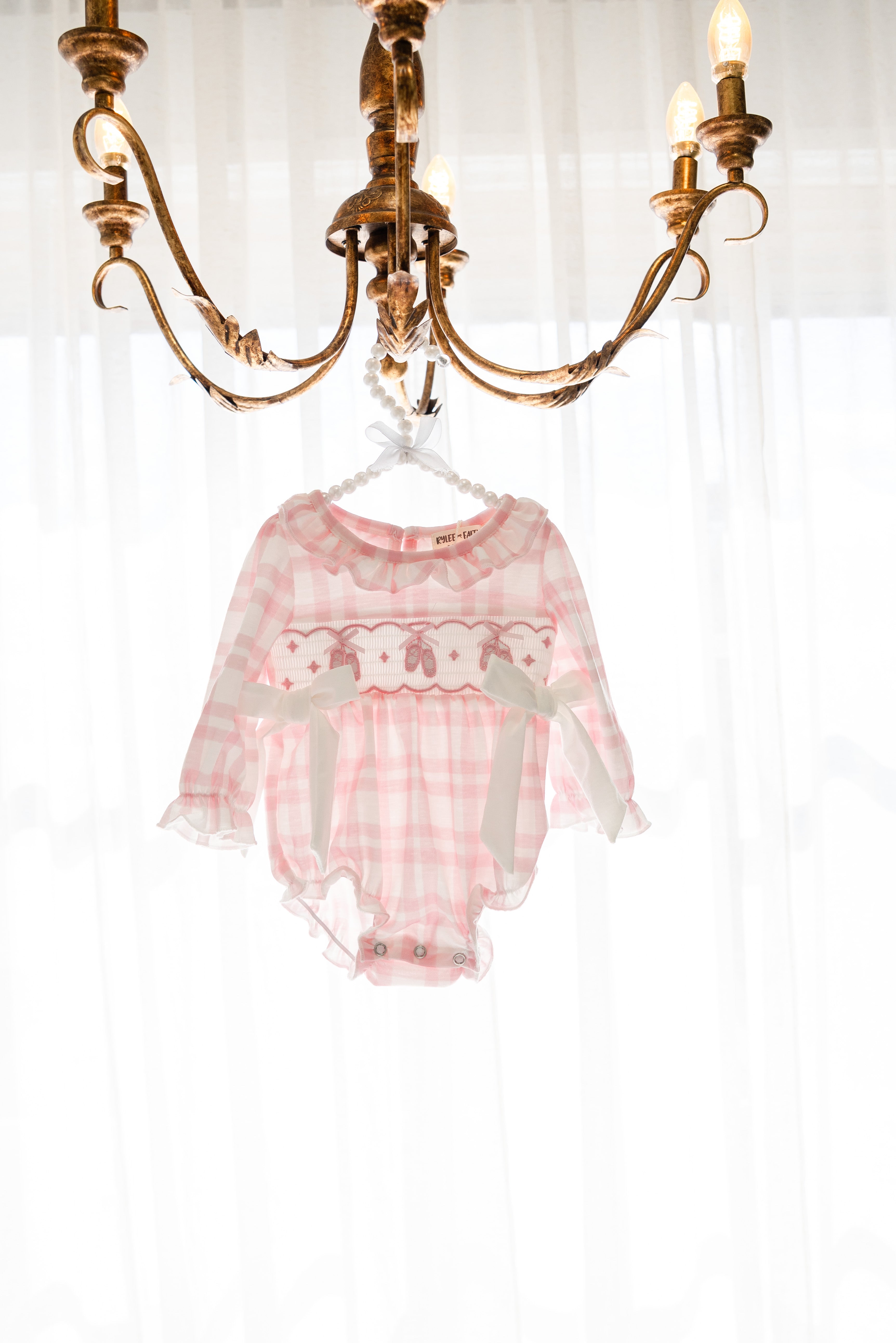 Pink & White Ballet Slipper Smocked Romper with Side Bows