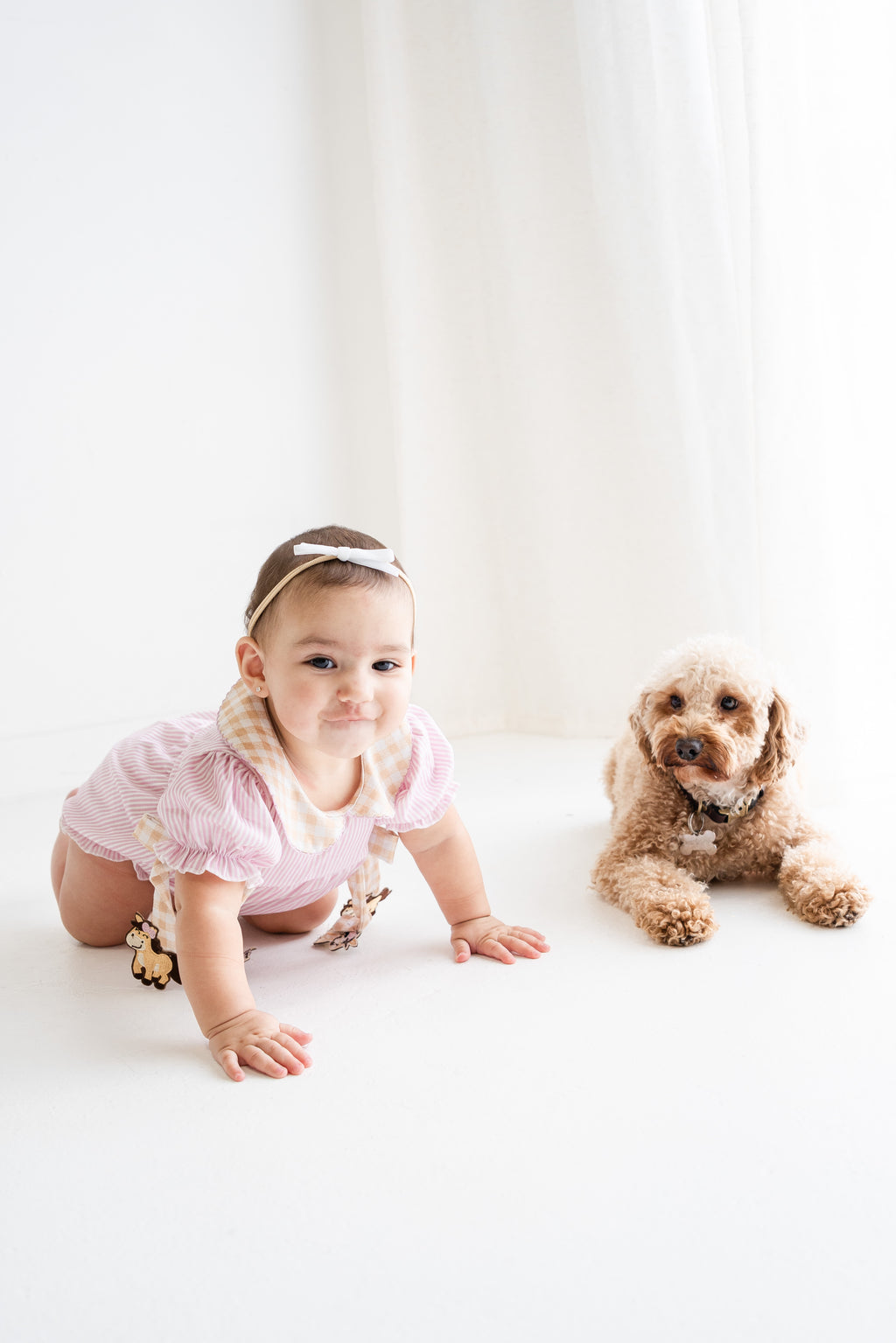 Pink Stripe Baby Romper with Gingham Collar & Horse Accents