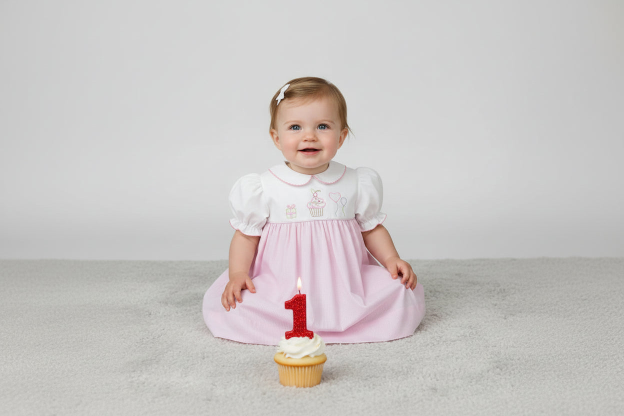 Birthday Embroidered Dress-Pink