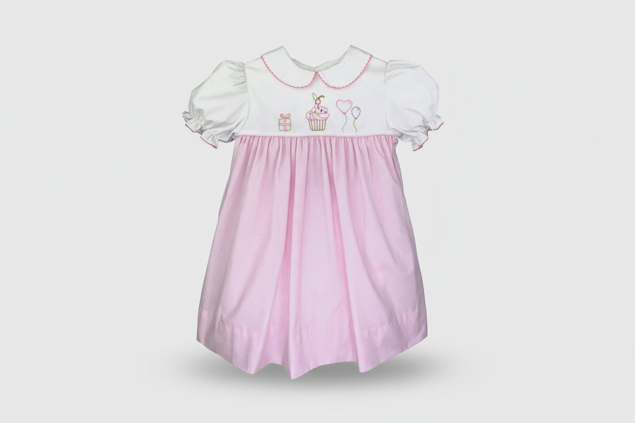 Birthday Embroidered Dress-Pink