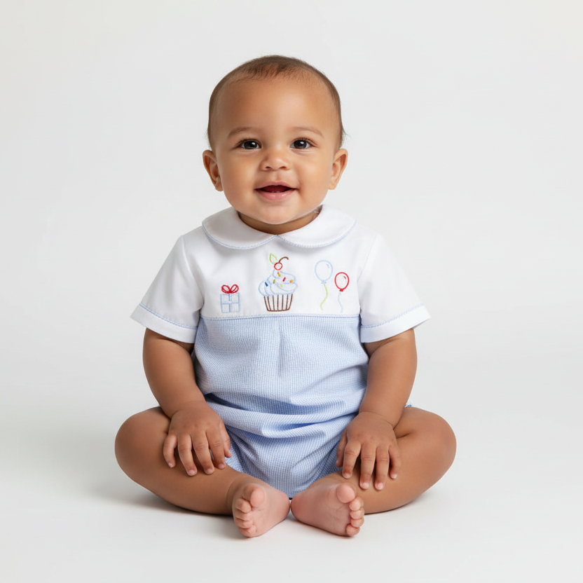 Birthday Embroidered Romper-Blue