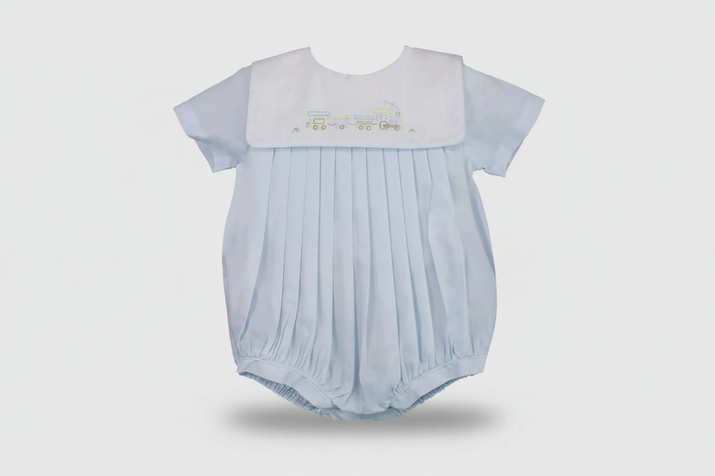 Train Embroidered Romper- soft blue