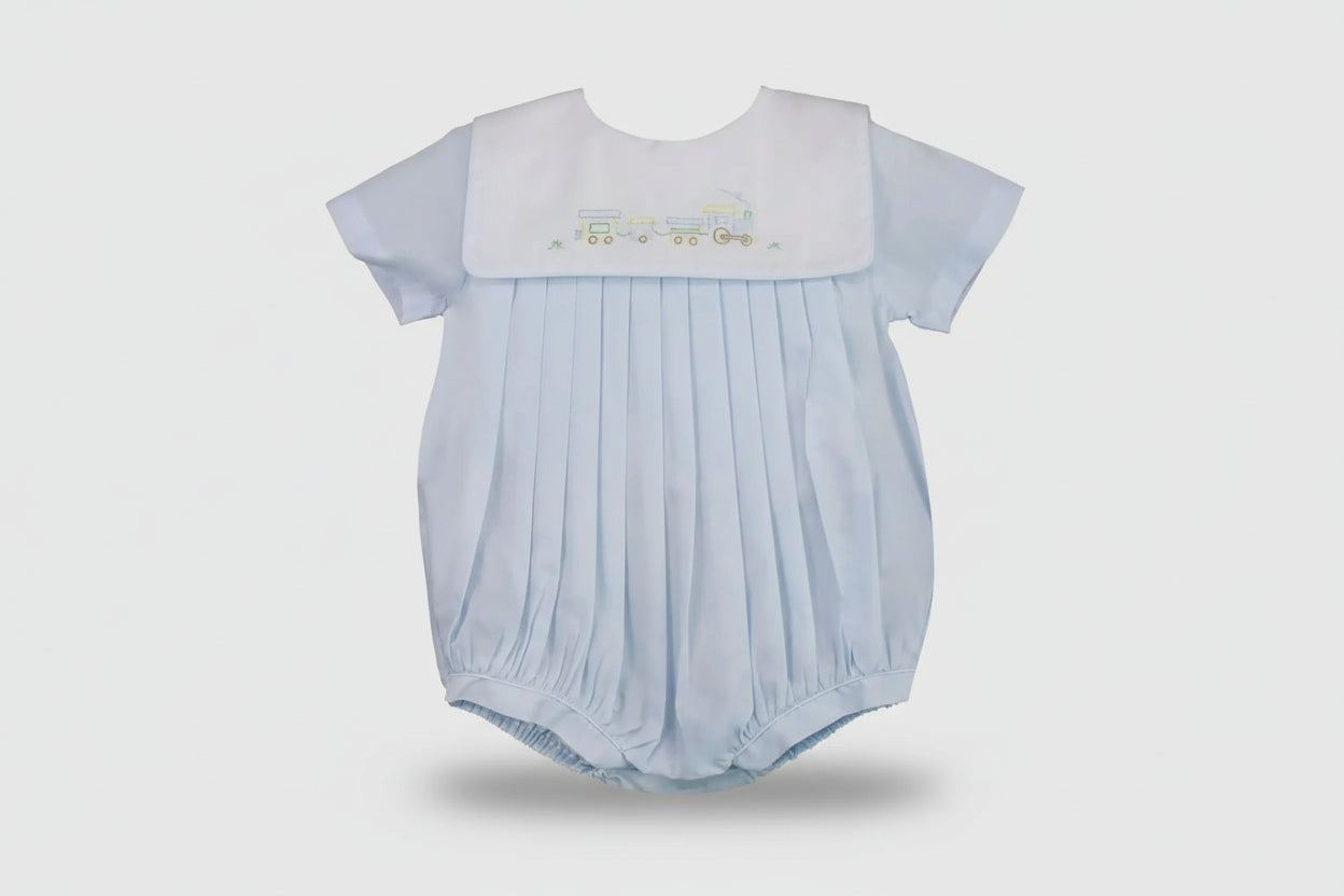 Train Embroidered Romper- soft blue