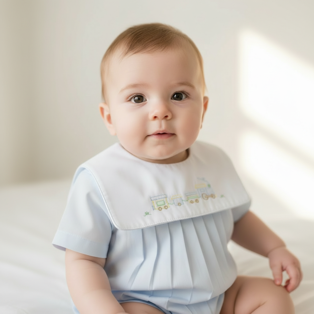 Train Embroidered Romper- soft blue