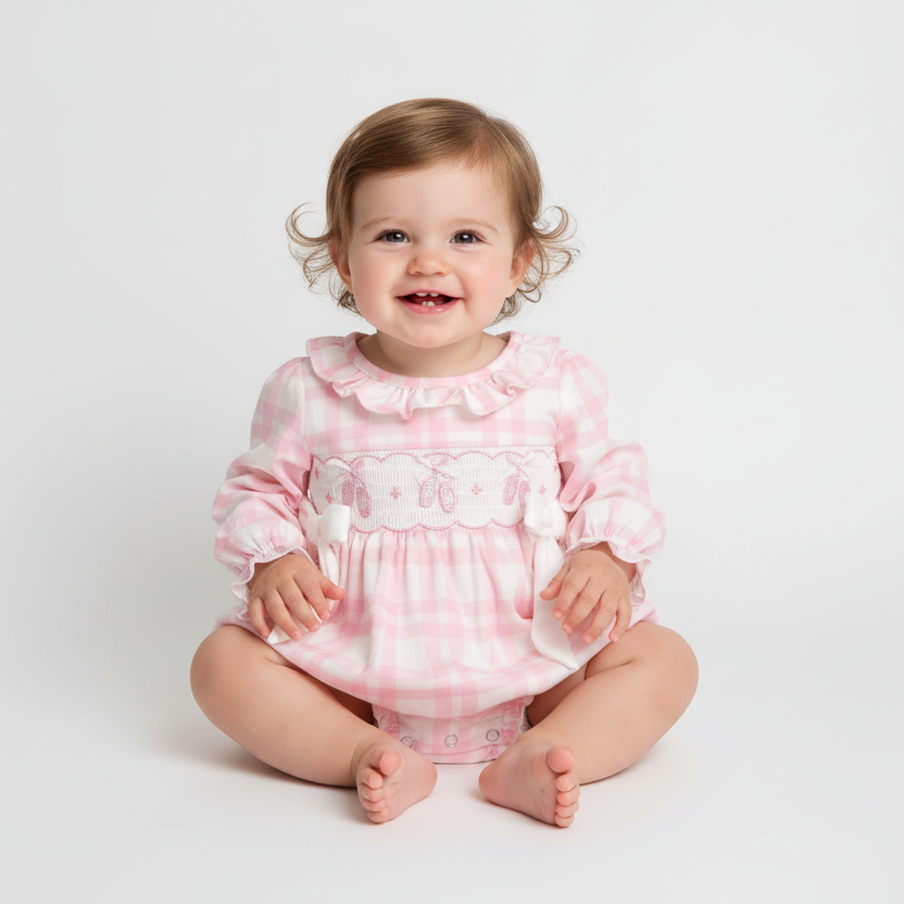 Pink & White Ballet Slipper Smocked Romper with Side Bows
