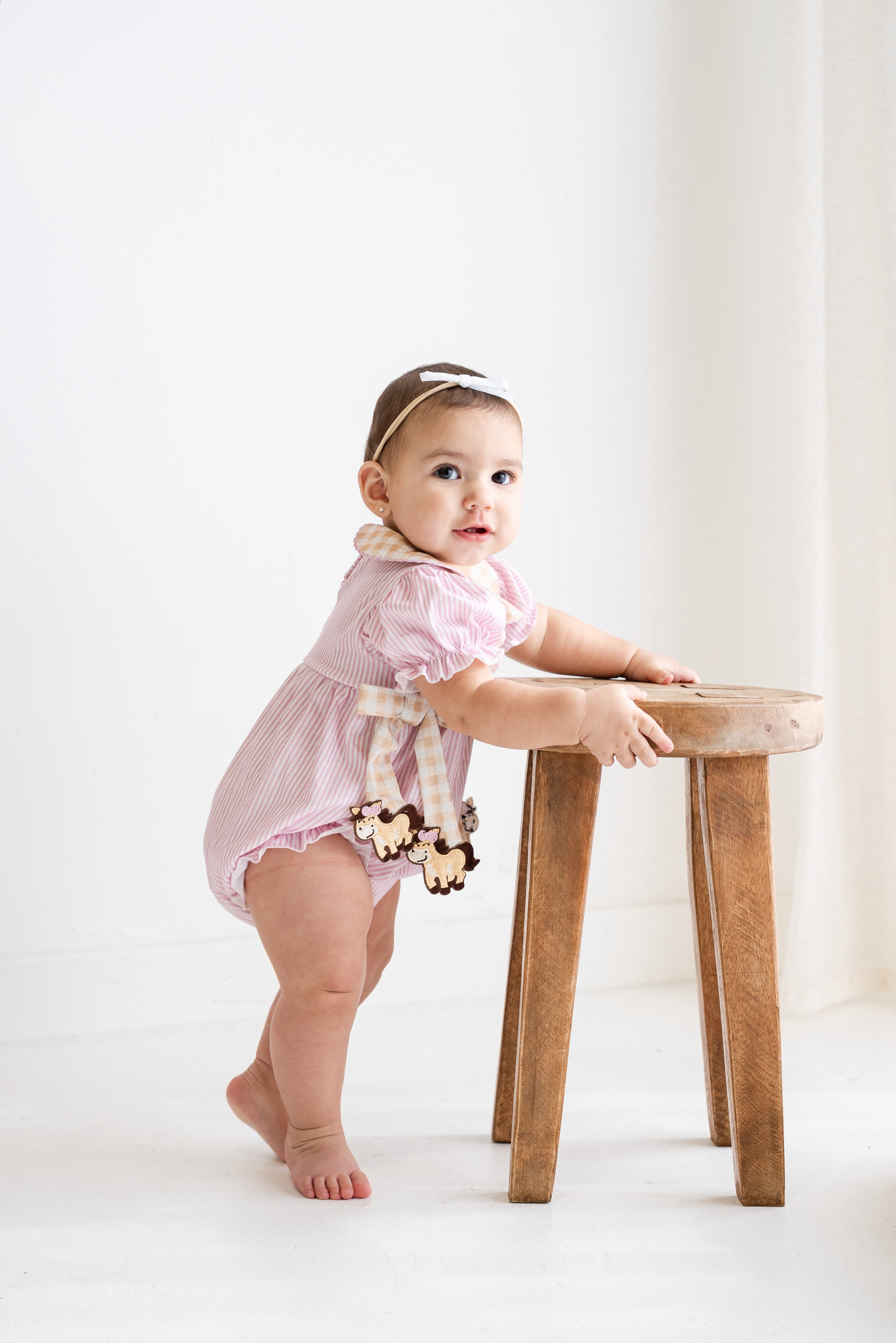 Pink Stripe Baby Romper with Gingham Collar & Horse Accents