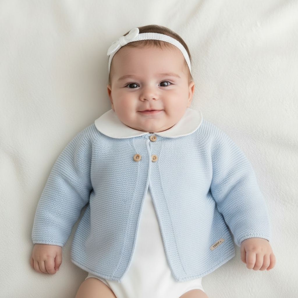 Knitted Newborn Three-Piece Set- light blue and white