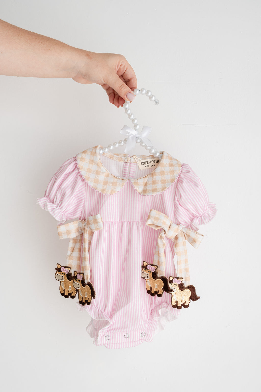 Pink Stripe Baby Romper with Gingham Collar & Horse Accents
