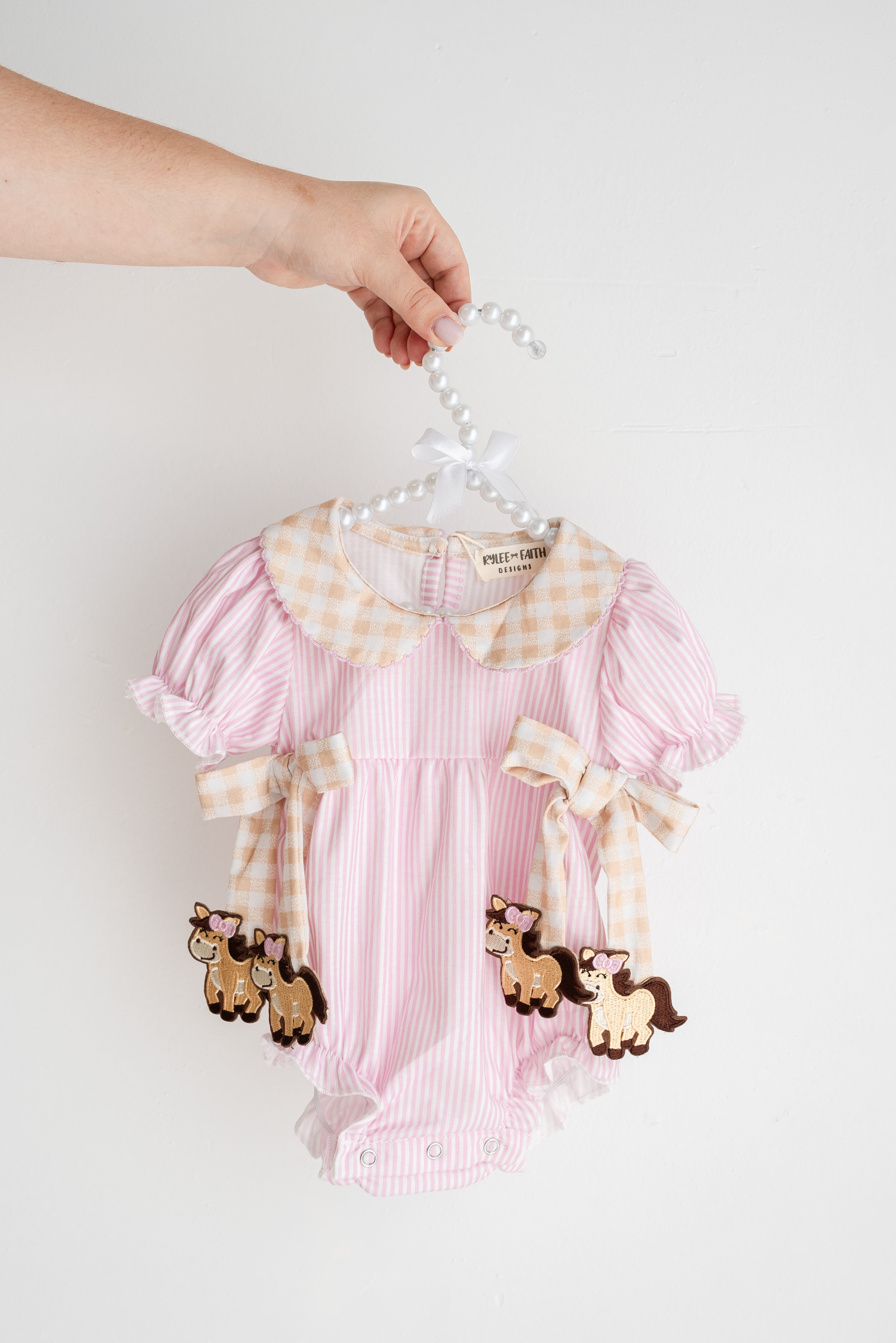 Pink Stripe Baby Romper with Gingham Collar & Horse Accents