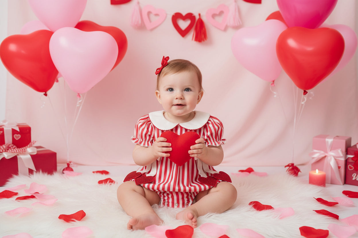 Valentine's Red Stripe Heart Bubble Romper with Bows