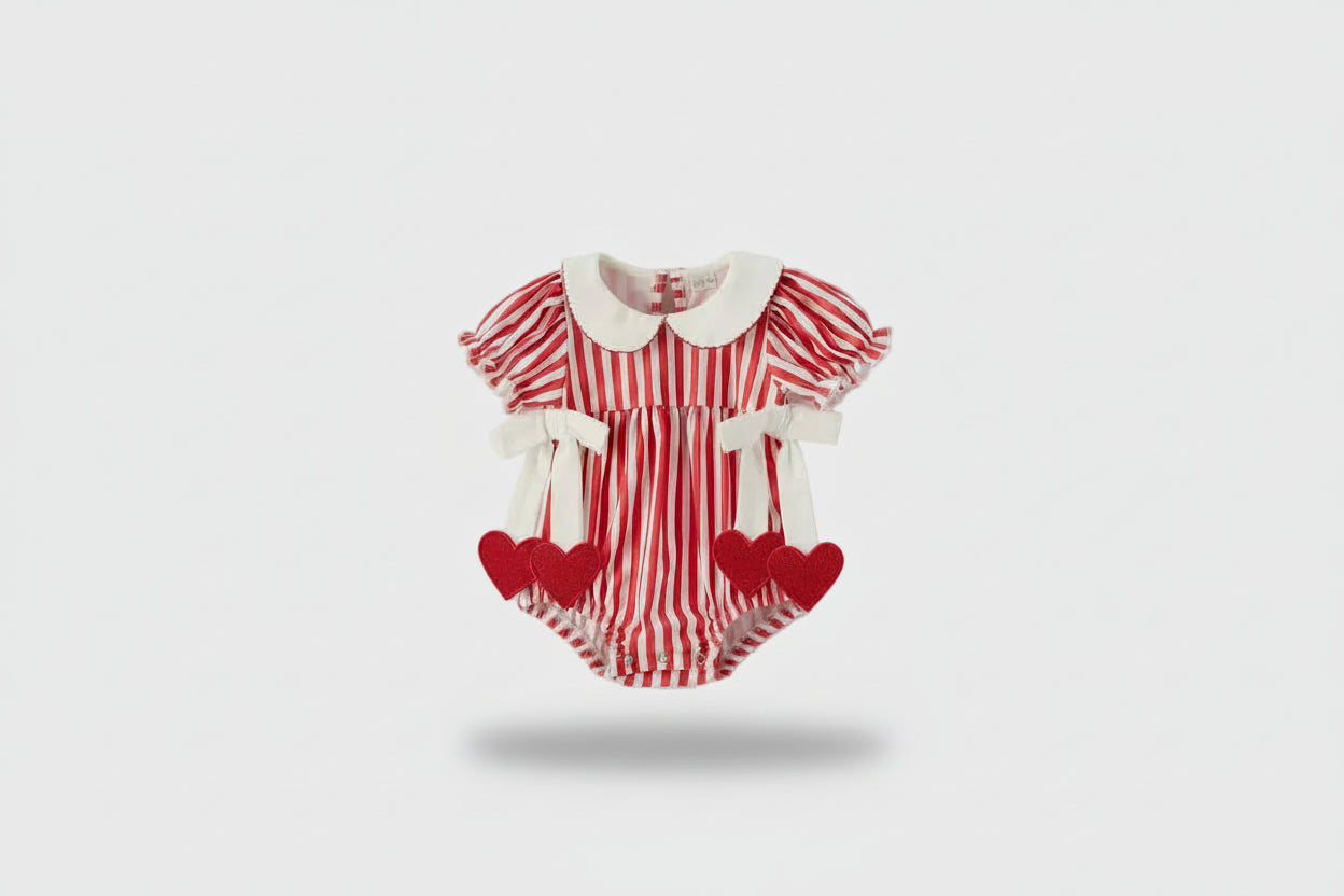 Valentine's Red Stripe Heart Bubble Romper with Bows