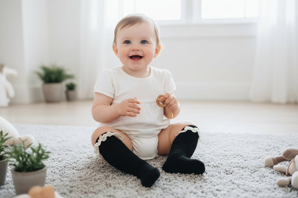 Baby Girl Solid Color Lace Trim Knee-High Socks – Black