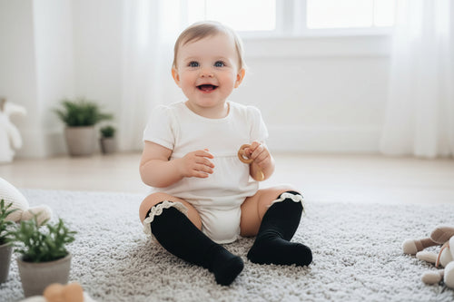 Calcetines hasta la rodilla con ribete de encaje de color liso para niña – Negro