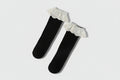 Calcetines hasta la rodilla con ribete de encaje de color liso para niña – Negro
