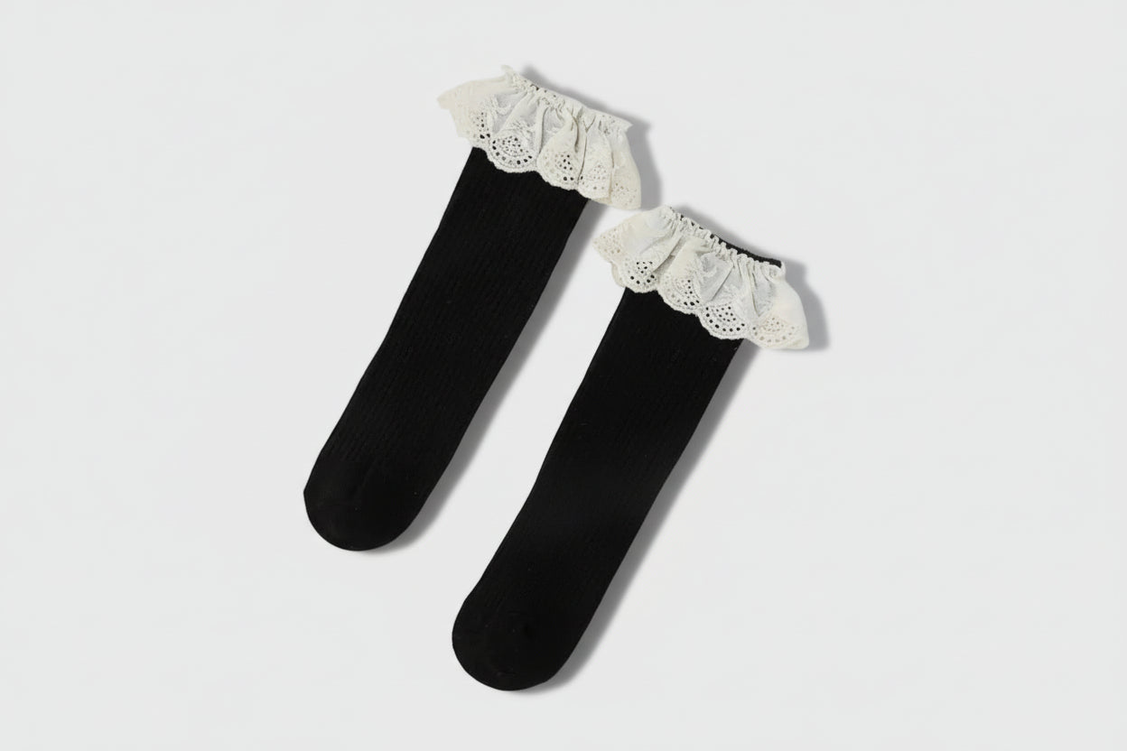 Baby Girl Solid Color Lace Trim Knee-High Socks – Black