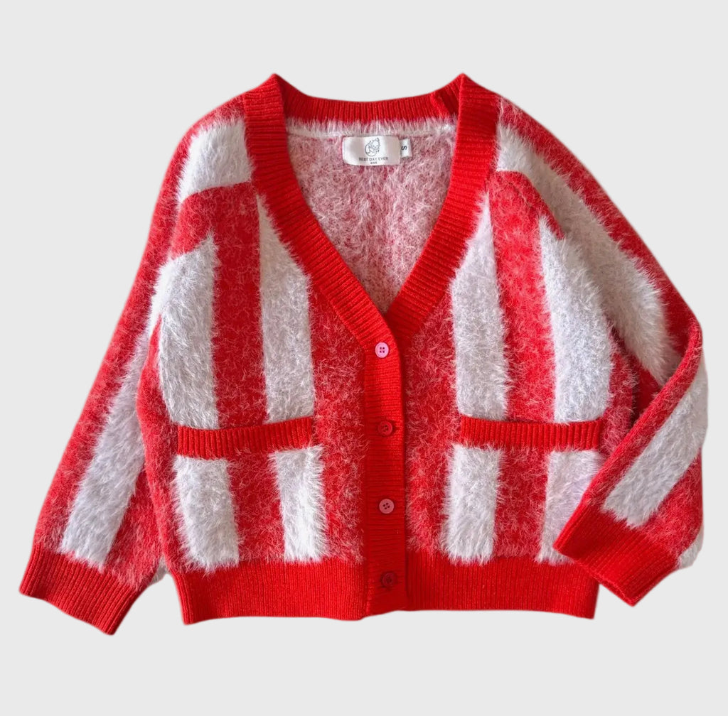 Kids Cozy Stripes Cardigan – Red & Soft Lavender