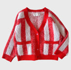 Cárdigan acogedor de rayas para niños – Rojo y lavanda suave