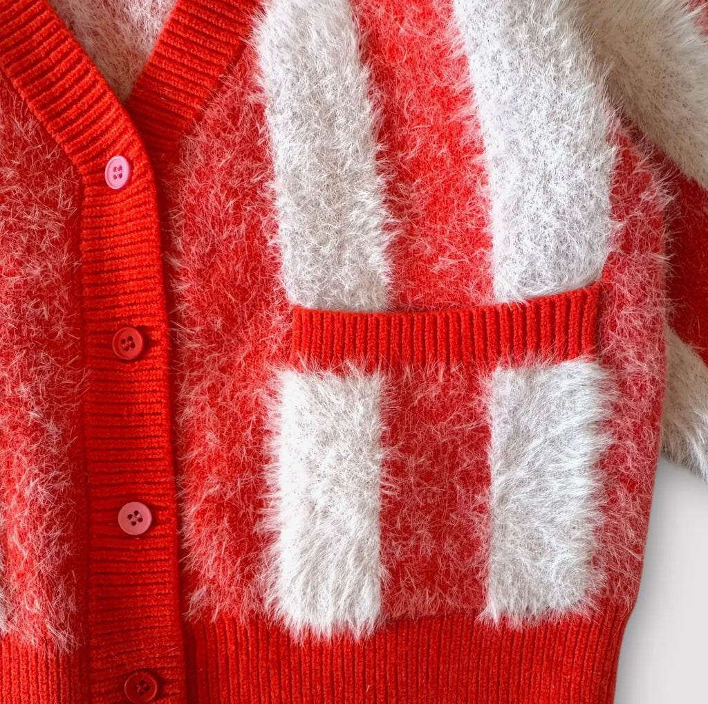 Kids Cozy Stripes Cardigan – Red & Soft Lavender