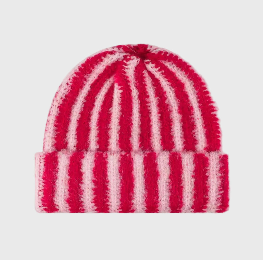 Kids Cozy Stripes Blend Beanie – Red & Soft Lavender