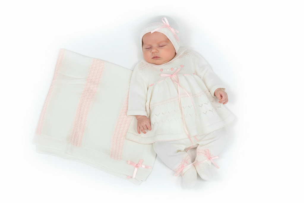 Ivory Blush Heirloom Knit Set with Bonnet & Blanket 🤍🎀