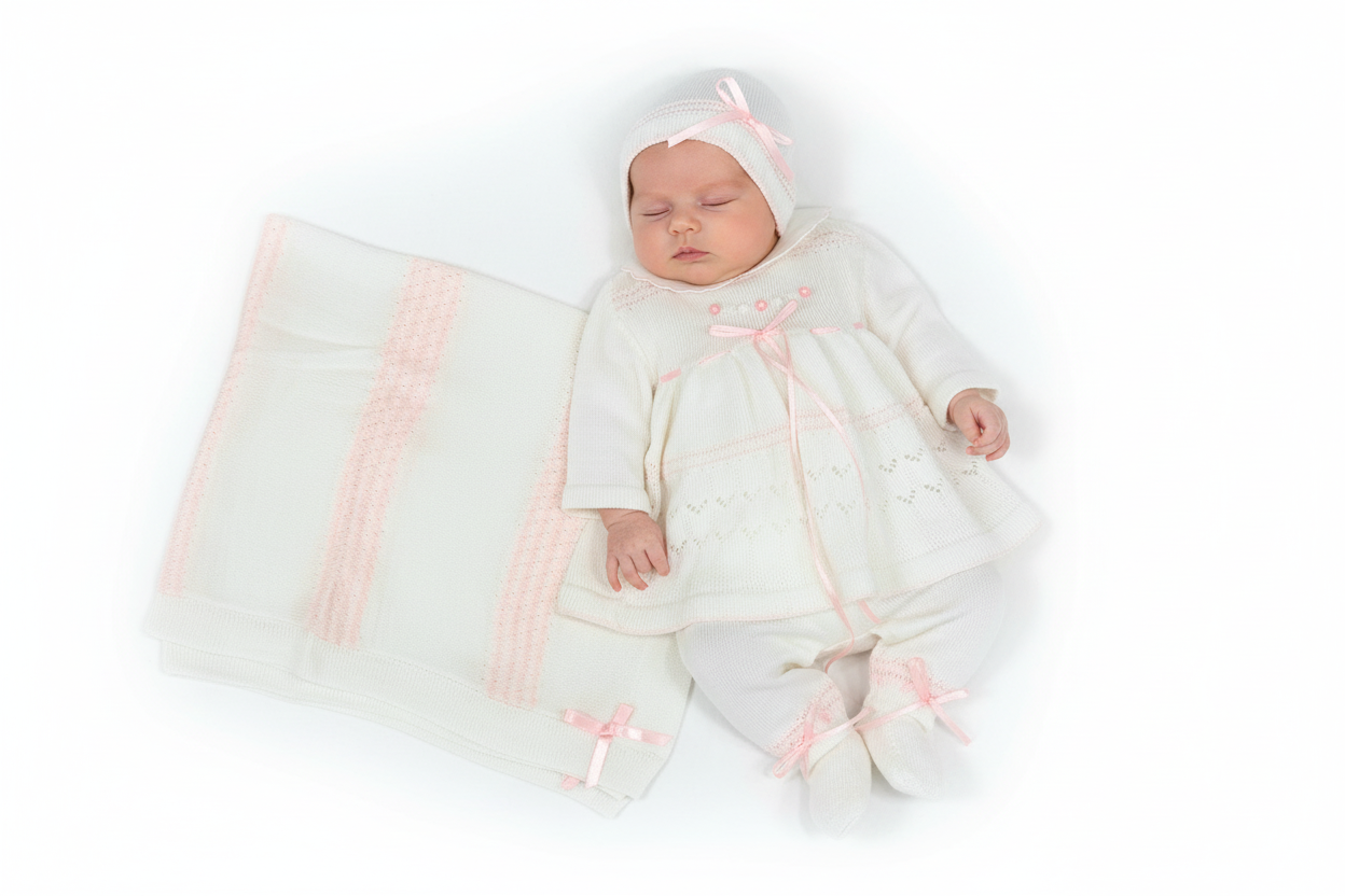 Ivory Blush Heirloom Knit Set with Bonnet & Blanket 🤍🎀
