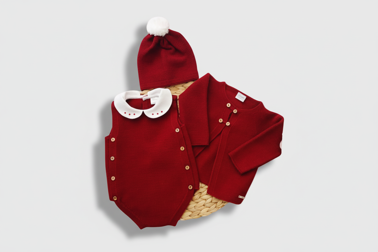 Knitted Newborn Three-Piece Set- light blue and white